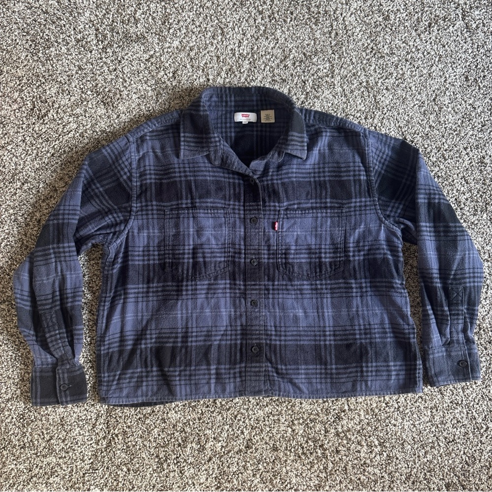 Levi’s Women Cropped Blue Plaid Flannel Shirt XS Button Front Casual Farmhouse